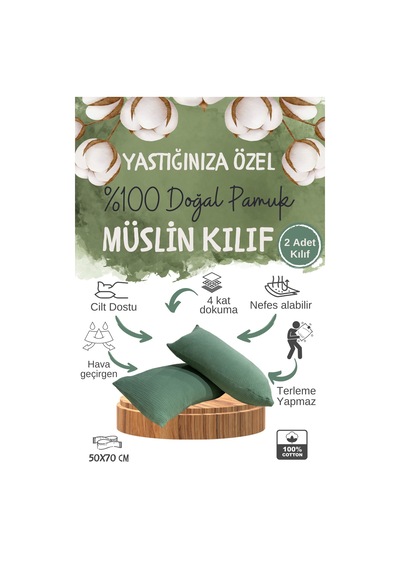 Haki Yeşili 4 Katlı Müslin Yastık Kılıfı 50x70cm 2adet