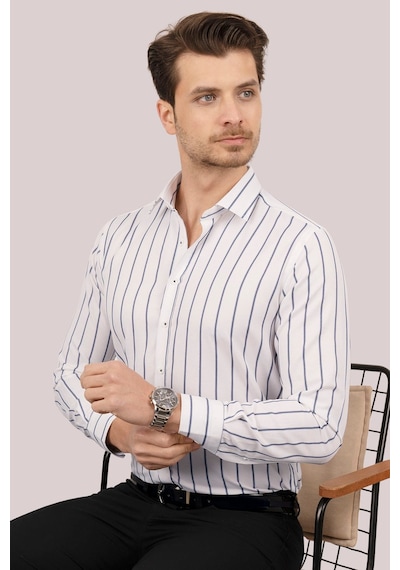 Etikmen Beyaz Lacivert Çizgili Slimfit Hediye Kutulu Erkek Gömlek 001