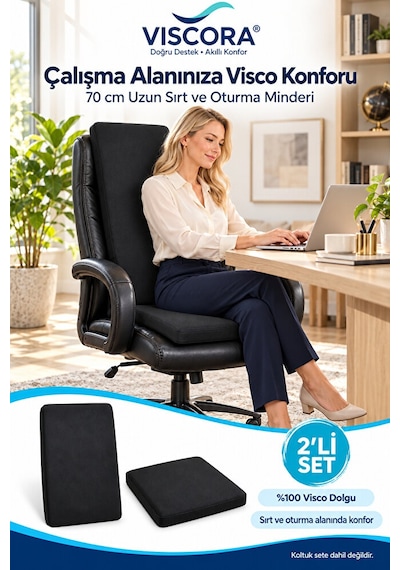 Müdür Ve Ofis Koltuğu Minderi 2 Li Set %100 Visco Uzun Sırt Ve Oturma Desteği Siyah