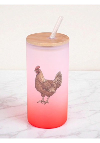 Tavuk Baskılı 600 Ml Cam Matara- Su Matarası, Suluk Matara, Cam Pipetli Matara Kırmızı