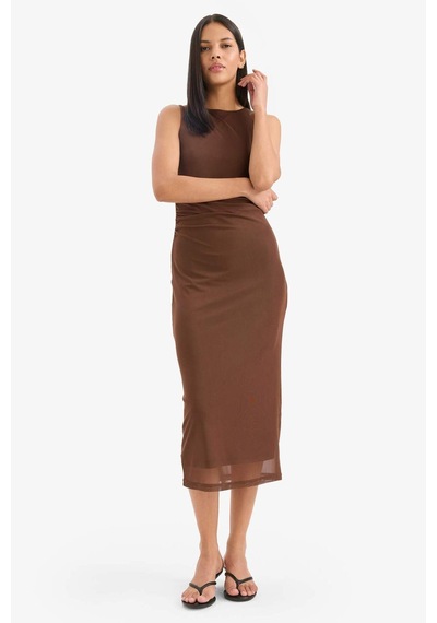Defacto Bodycon Vücudu Saran Yuvarlak Yaka Tül Kolsuz Midi Elbise D8036ax25aubn320 Kahve