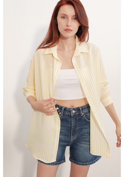 Bigdart Kadın Oversize Çizgili Gömlek 20412 - Sarı