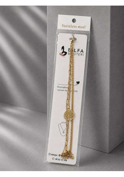 Balfa Bijuteri Çelik Gold Hayat Ağacı Figürlü Çift Sıralı İkili Zincir Kolye Paslanmaz Çelik Altın