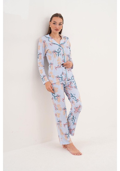 Çift Kaplan Kadın Pamuk Modal Gömlek Yaka Önden Açık Mavi Pijama Takımı 7003 Mavi