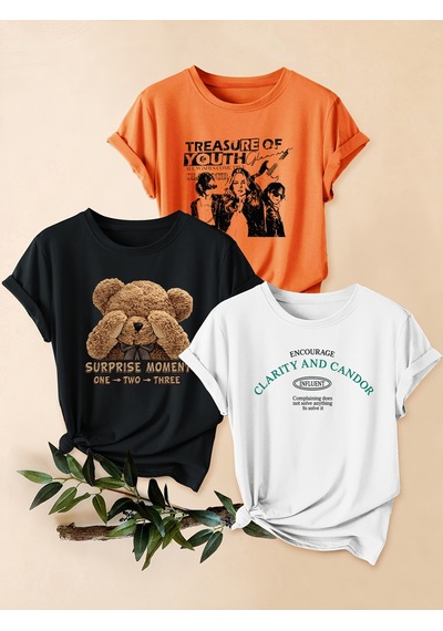 Uyguntarz Unisex Turuncu Siyah Beyaz 3'lü Tasarım Tshirt Seti Çok Renkli