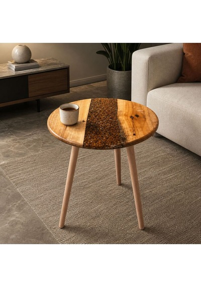 Modern Ahşap & Epoksi Detaylı Yuvarlak Kahve Sehpası 40 Cm Çap, 52 Cm Yükseklik Aletsiz Kolay Kurulum Bej