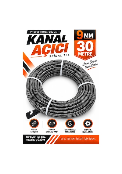 9 Mm 30 Metre Kanal Açıcı Spiral Tel Uzun Erişimli Esnek Gider Açma Susta Teli