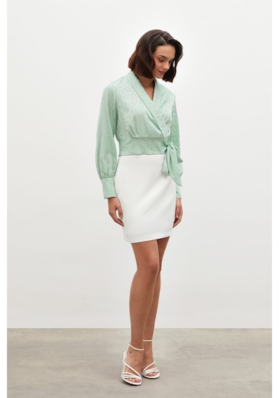 Sateen Yan Kuşaklı Saten Bluz - Mint-134493