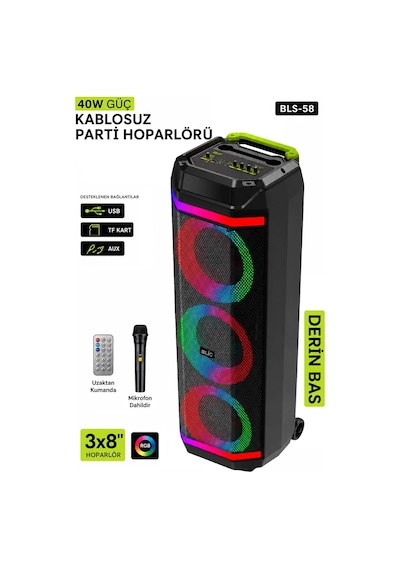 Exenar - Siyah - Blic Bls58 Büyük Boy Bluetooth Hoparlör 40w 3x8" Rgb Led Kablosuz Mikrofonlu Karaoke Hoparlörü