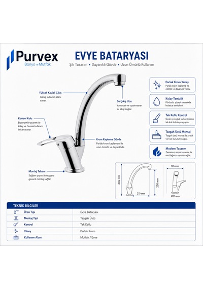 Purvex Home Klasik Mix Kuğu Evye Bataryası - Pirinç Gövde Krom Kaplama Aç-kapa Mutfak Tezgah Üstü Musluğu