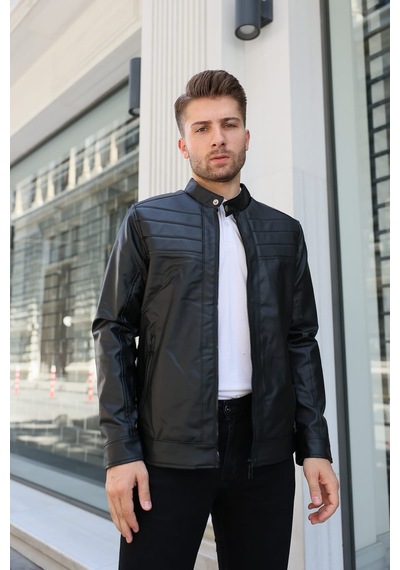 Erkek Siyah Iç Cepli Slim Fit Deri Ceket 001