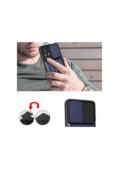 Mi 12 Lite Kılıf Magnetik Standlı Kamera Korumalı Mkst Sürgülü Vega Kapak - Mavi Mavi