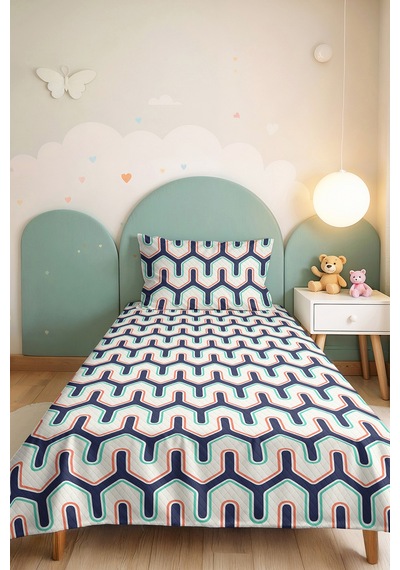 Lacivert Geometrik Genç Odası Tek Kişilik Pike Takımı - Mint Retro 160x220 Cm Kapitone Yatak Örtüsü Doğal Sazlık Sırları