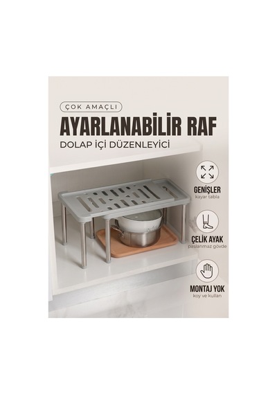 Ayarlanabilir Plastik Raf Dolap İçi Düzenleyici Genişleyebilir Mutfak Banyo Rafı Gri