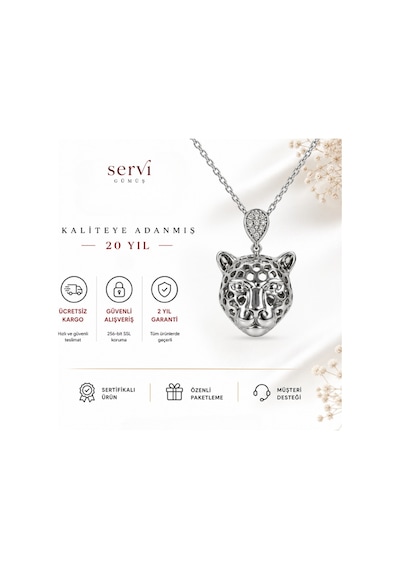 Servi 925 Ayar Gümüş Panter Figürlü Zirkon Taş Detaylı Kolye-303