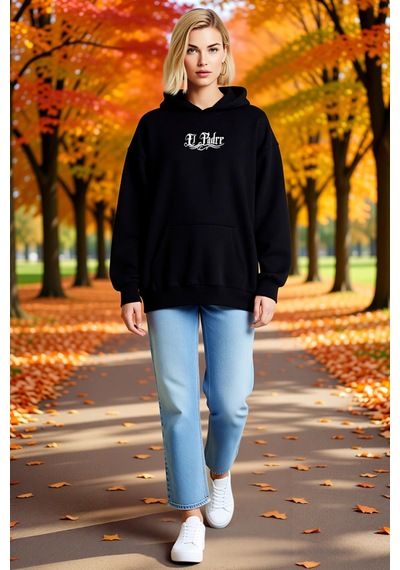 Ersefa Kadın Üç İplik Penye Uzun Kollu Kapşonlu Sweatshirt Sırtı Dua Eli siyah