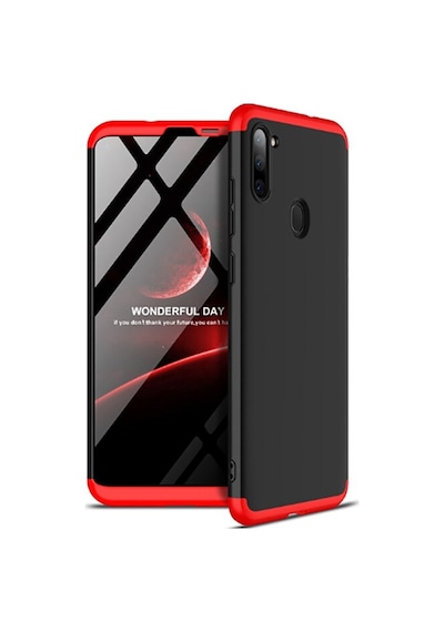 Kilifone - Galaxy A11 Uyumlu Kılıf Parmak İzi Tutmayan Alt Üst Geçmeli 3 Parça Ays Kapak - Siyah-kırmızı - T14156