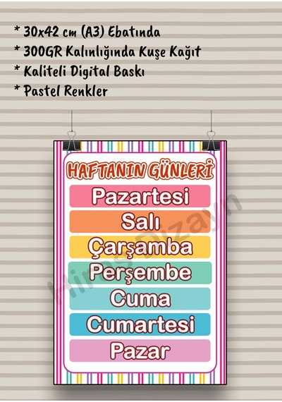 Haftanın Günleri Afişi Eğitici Çocuk Posteri Okul Öncesi İlkokul Sınıf Duvar Panosu Öğretmen Materyali 30x42cm A3 Kalın Kuşe Kağıt