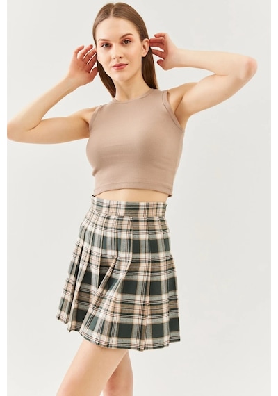 Butikgiz Kadın Sıfır Kol Bisiklet Yaka Vücuda Oturan %100 Pamuklu Kaşkorse Esnek Crop Bluz SÜTLÜ KAHVE