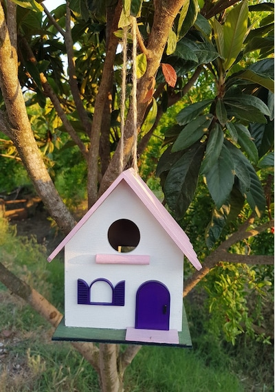 El Yapımı Ahşap Kuş Yuvası Dekoratif Kuş Evi Bahçe Balkon Dekorasyon Kayın Ağacı Vernikli Pembe Beya
