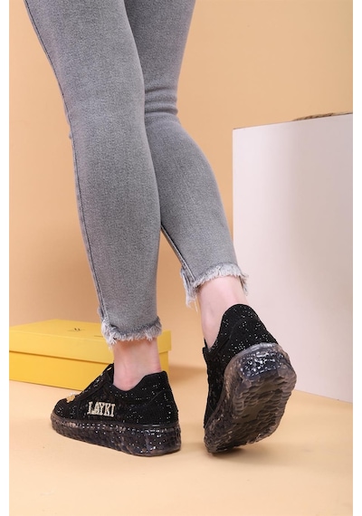 Astra Taşlı Desenli Şeffaf Taban Siyah Renkli Kadın Sneaker-siyah Siyah