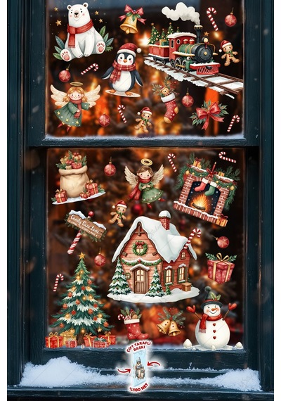 Christmas Yılbaşı Cam Sticker Seti 60+ Parça Çift Taraflı Baskı, Suya Dayanıklı, Kar Tanesi & Noel Dekoru Dijital Baskı