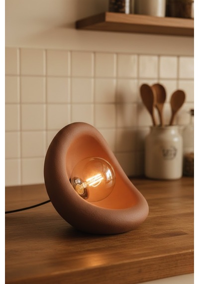 Modern Beton Dokulu Abajur Organik Oval Gece Lambası Masaüstü Komodin Lambası 25 Cm Kahverengi