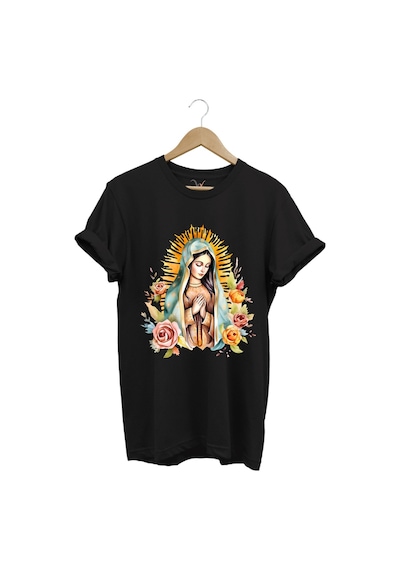 Renkli Meryem Ana Baskılı %100 Pamuk Regular Fit Bisiklet Yaka Siyah T-shirt Siyah
