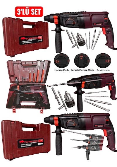 Schmıtzer 3'lü Set Sch-2603k Pro 850 W Sds Plus Metal Şanzuman Profesyonel Darbeli Matkap Kırıcı Delici 26mm Hilti