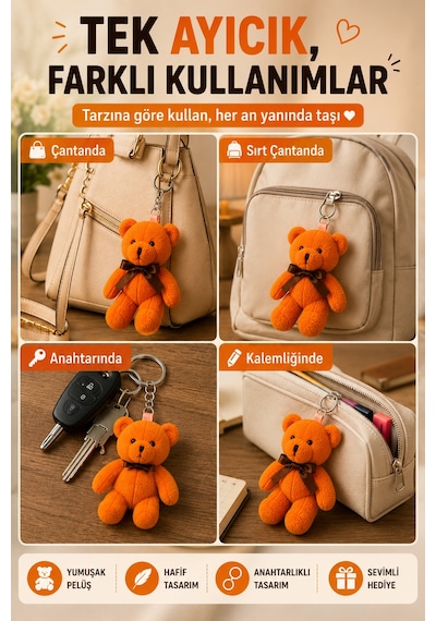 1 Adet Turuncu Peluş Ayıcık Anahtarlık 15x8 Cm Çanta Sırt Çantası Anahtar Aksesuar Sevimli Fiyonk