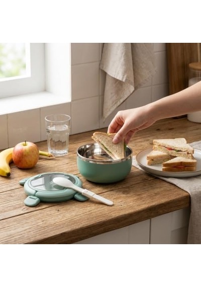 Deconox 700 Ml Paslanmaz Çelik Yemek Kabı, Kaşıklı, Saplı Ve Kilitli Yuvarlak Lunch Box, Mavi Yeşil Pembe Renk Seçenekli, 12x11x13cm Kapaklı Saklama Ve Taşıma Kabı