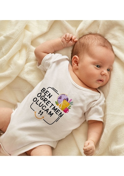 Bk Gift Bk Kids Öğretmen Olucam Tasarımlı Beyaz Bebek Body Zıbın-1 12-18 Ay