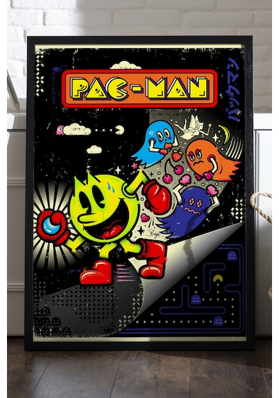 Pac-man Siyah Ahşap Çerçeveli Poster, Dekoratif Oyun Duvar Tablosu