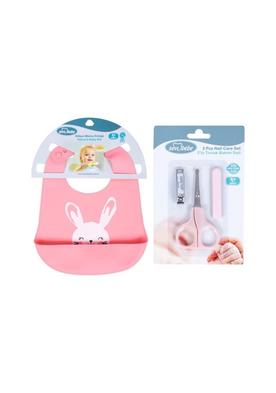 Bebek Bakım Seti Silikon Önlük + Tırnak Makası Seti Pembe 25507sv
