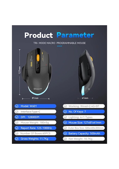 Mkespn Sxs-w601 7 Tuşlu Gaming Mouse Karbon Fiber 3 Modlu Kablolu - Bluetooth - Usb Alıcılı 12800 Dpı Makro Tanımlı Oyun Faresi -
