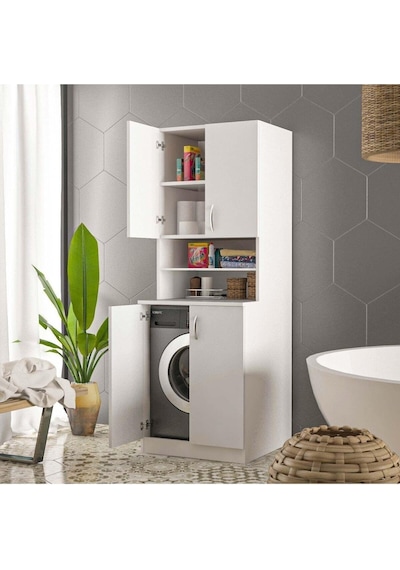 Ars Grup Mobilya Çamaşır Makinesi Dolabı Banyo Dolabı Raflı Kapaklı Model Beyaz