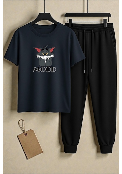 Uyguntarz Unisex Mood Baskılı Tasarım Tişört - 2'li Eşofman Takımı Lacivert Uyguntarz Unisex Mood Baskılı Tasarım Tişört - 2'li Eşofman Takımı Lacivert