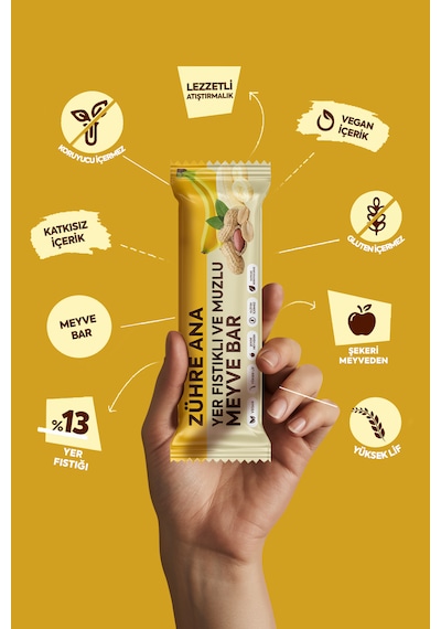 Yer Fıstıklı Ve Muzlu Meyve Bar, Şeker İlavesiz 35 Gr X 12 Adet
