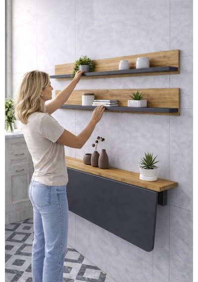 Duvara Monte Katlanır Masa & 2 Li Raf Seti Antrasit Çam 60x90 Cm Antrasit - Çam