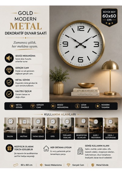 60 Cm Gold Metal Dekoratif Duvar Saati Modern Dekoratif Metal
