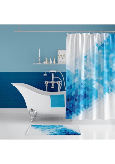 Banyo Paspas Ve Tek Kanat Duş Perdesi 1x180x200 Set Banyo Halısı Blue Square Beyaz