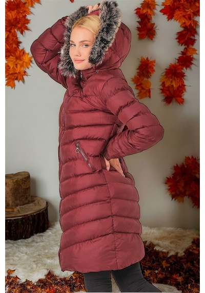 Z6690 Dewberry Kürklü Kapşonlu Bayan Kaban-düz Bordo-düz Bordo