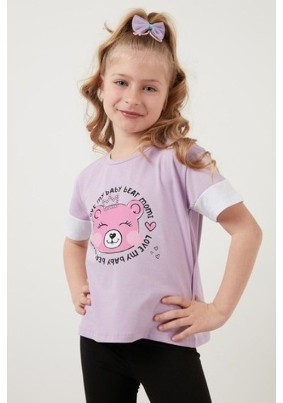 Lela Pamuklu Baskılı Bisiklet Yaka Kız Çocuk T Shirt 6211038 Lila
