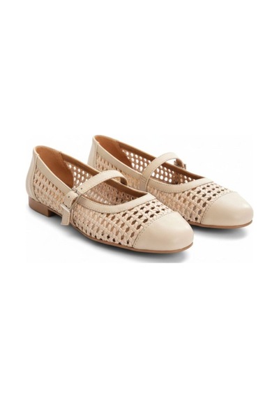 Ne&ve Shoes Bej Deri Biye Örgü Detaylı Tokalı Kadın Babet