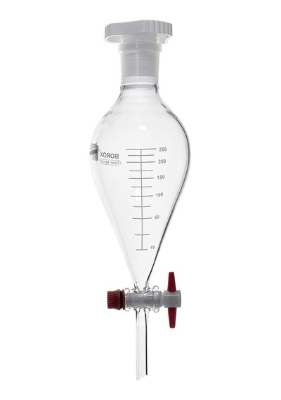 Borox Armudi Tip Teflon Musluklu Tıpalı Hacim Ölçekli﻿﻿ Cam Ayırma Hunisi 250 ML