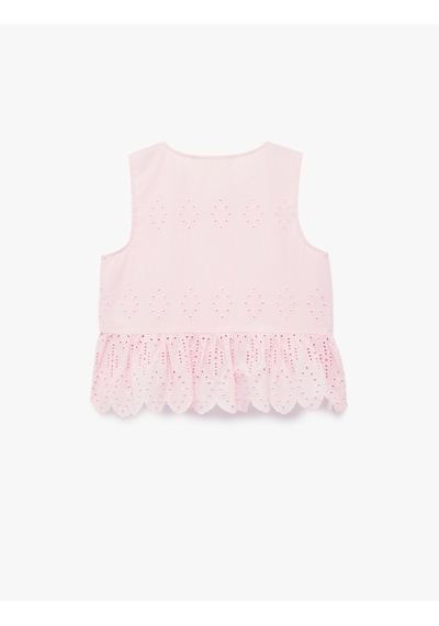 Koton Fırfırlı Bisiklet Yaka Brodeli Pamuklu Bluz Pembe 6skg60049aw Gül