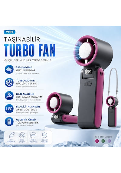 Y19s Taşınabilir Turbo Fan 199 Kademeli Şarjlı Mini Vantilatör Led Ekranlı Sessiz El Fanı