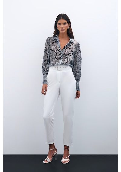 Sateen Yüksek Bel Kemerli Pantolon - Ekru