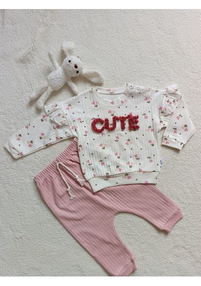 Bilge Trend Kız Bebek Çiçekli Fırfır Detaylı Pamuklu Penye Takım Pembe