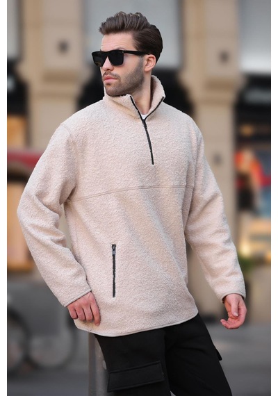 Madmext Ekru Dik Yaka Yarım Fermuarlı Buklet Sweatshirt 7084 Ekru